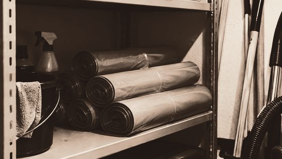 Ruller med avfallssekker på en hylle i et vaskerom, tonet i Bercos farger.