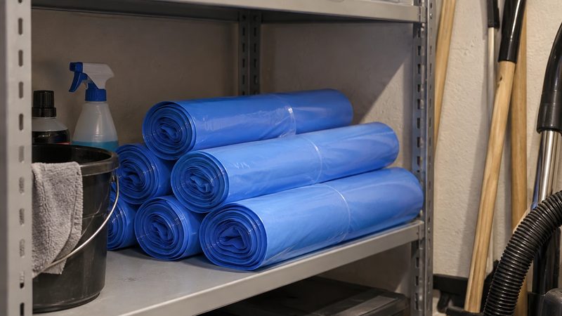 Ruller med avfallssekker på en hylle i et vaskerom.