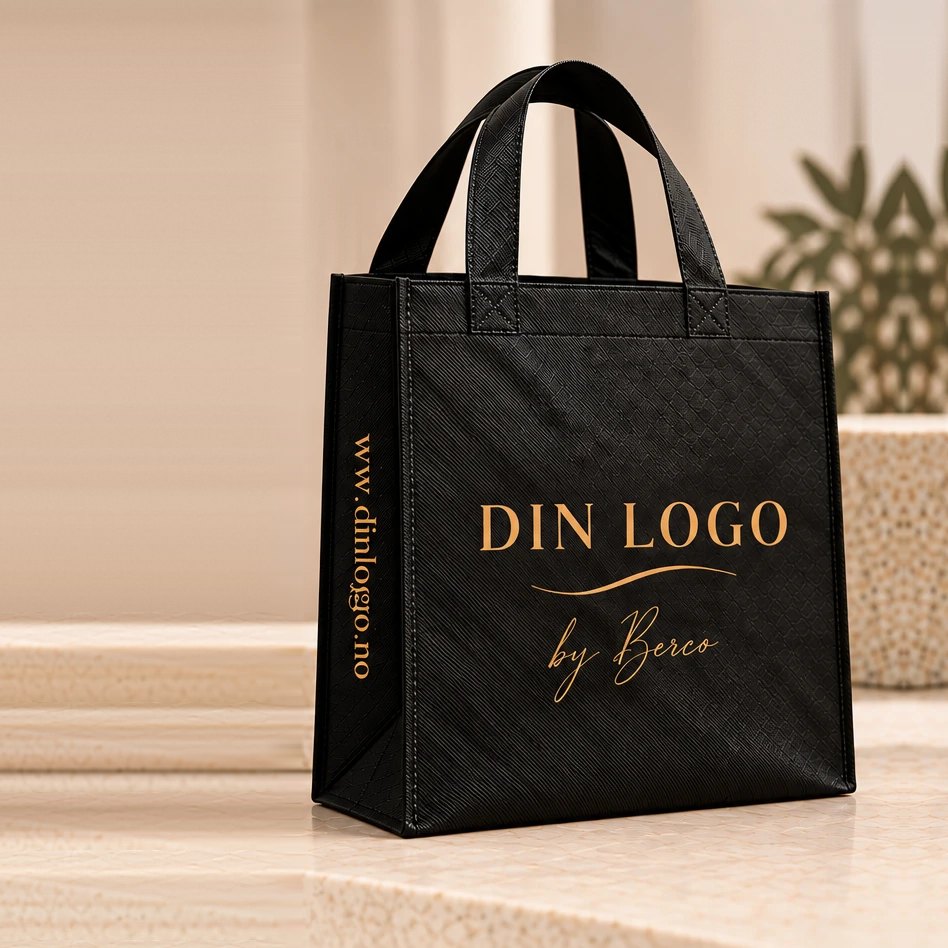 Sort gjenbrukspose i non woven med preget mønster og lange hanker. Foran står «Din logo by Berco» i gull, som eksempel på trykk.