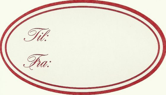 Oval etikett hvit m/rødt trykk