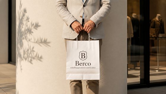 Kunde utenfor en butikk holder en hvit Berco-bærepose med tvunnet håndtak og preget seglmerke.