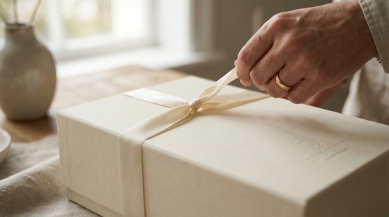 Hånd som kjenner på et silkebånd rundt en gaveeske.